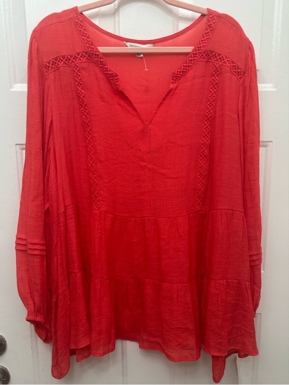 Zac & Rachel Coral-Red Tiered Lace-Trim Tunic Top